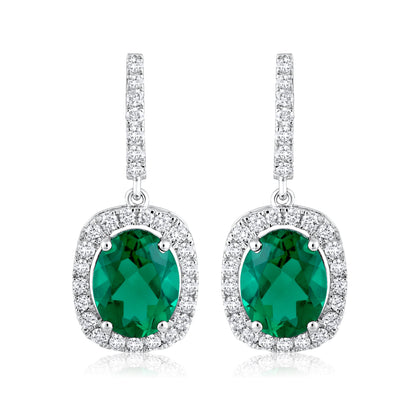 Solid Gold 5.6ct Natural Diamond w/ Emerald Oval Drop Earrings