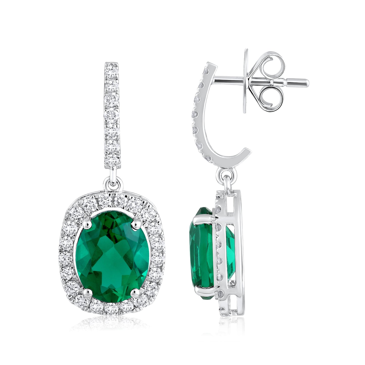 Solid Gold 5.6ct Natural Diamond w/ Emerald Oval Drop Earrings