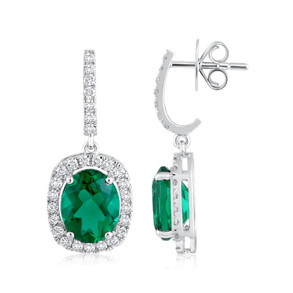 Solid Gold 5.6ct Natural Diamond w/ Emerald Oval Drop Earrings