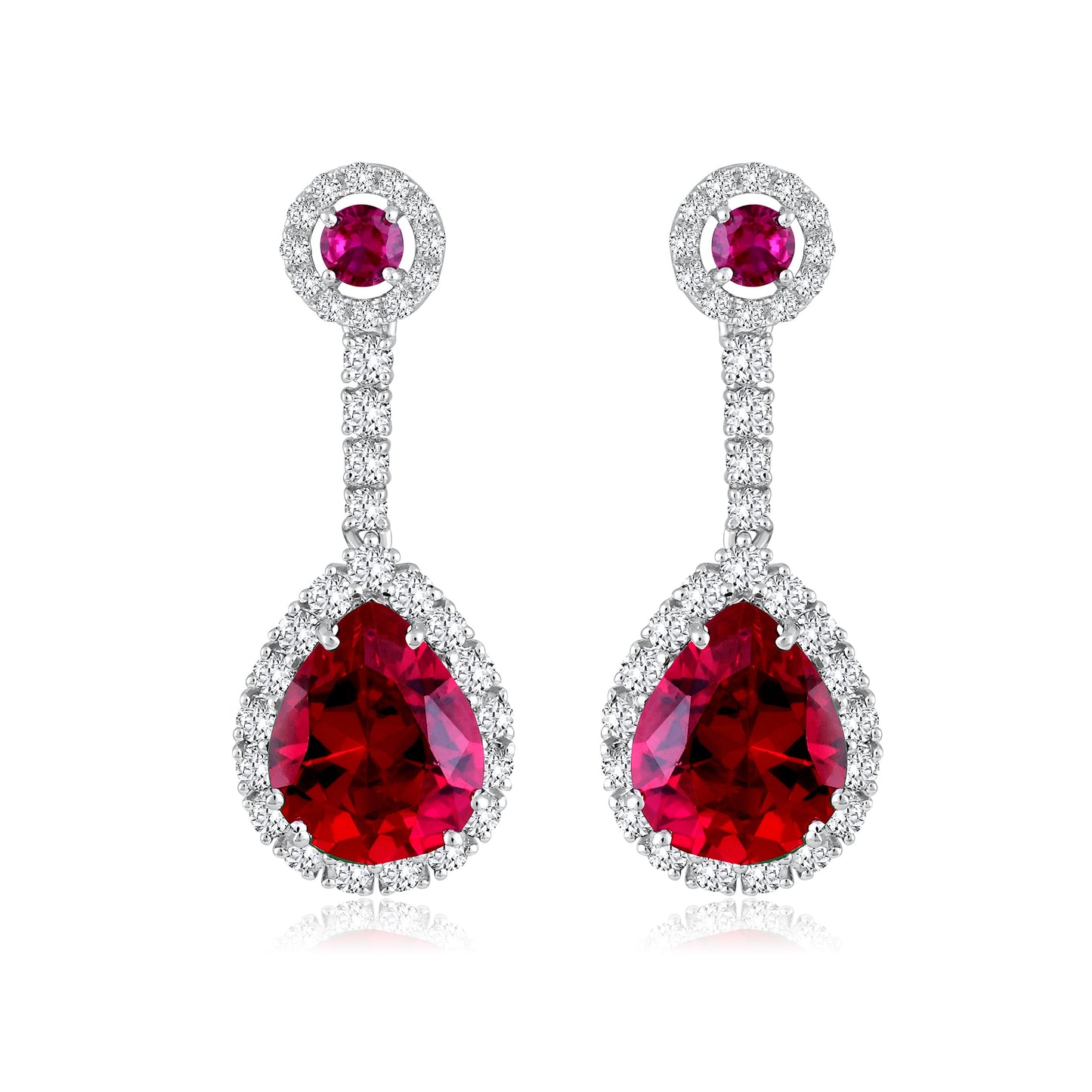 Solid Gold 7.6ct Natural Diamond w/ Ruby Pear Drop Earrings