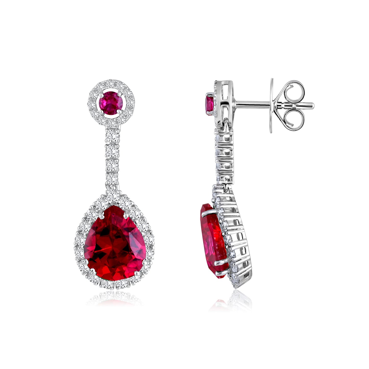Solid Gold 7.6ct Natural Diamond w/ Ruby Pear Drop Earrings