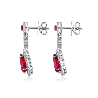 Solid Gold 7.6ct Natural Diamond w/ Ruby Pear Drop Earrings