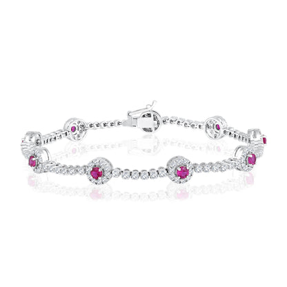Solid Gold 3ct Natural Diamond w/ Ruby Round Tennis Bracelet