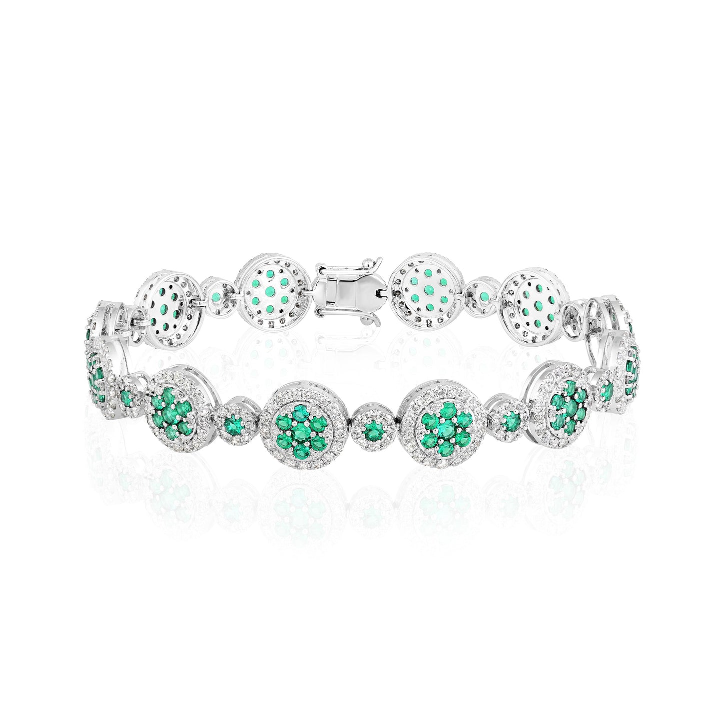 Solid Gold 6.2ct Natural Diamond w/ Emerald Flower Tennis Bracelet