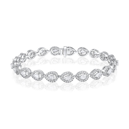 Solid Gold 3.6ct Natural Diamond Rose-Cut Pear Halo Tennis Bracelet