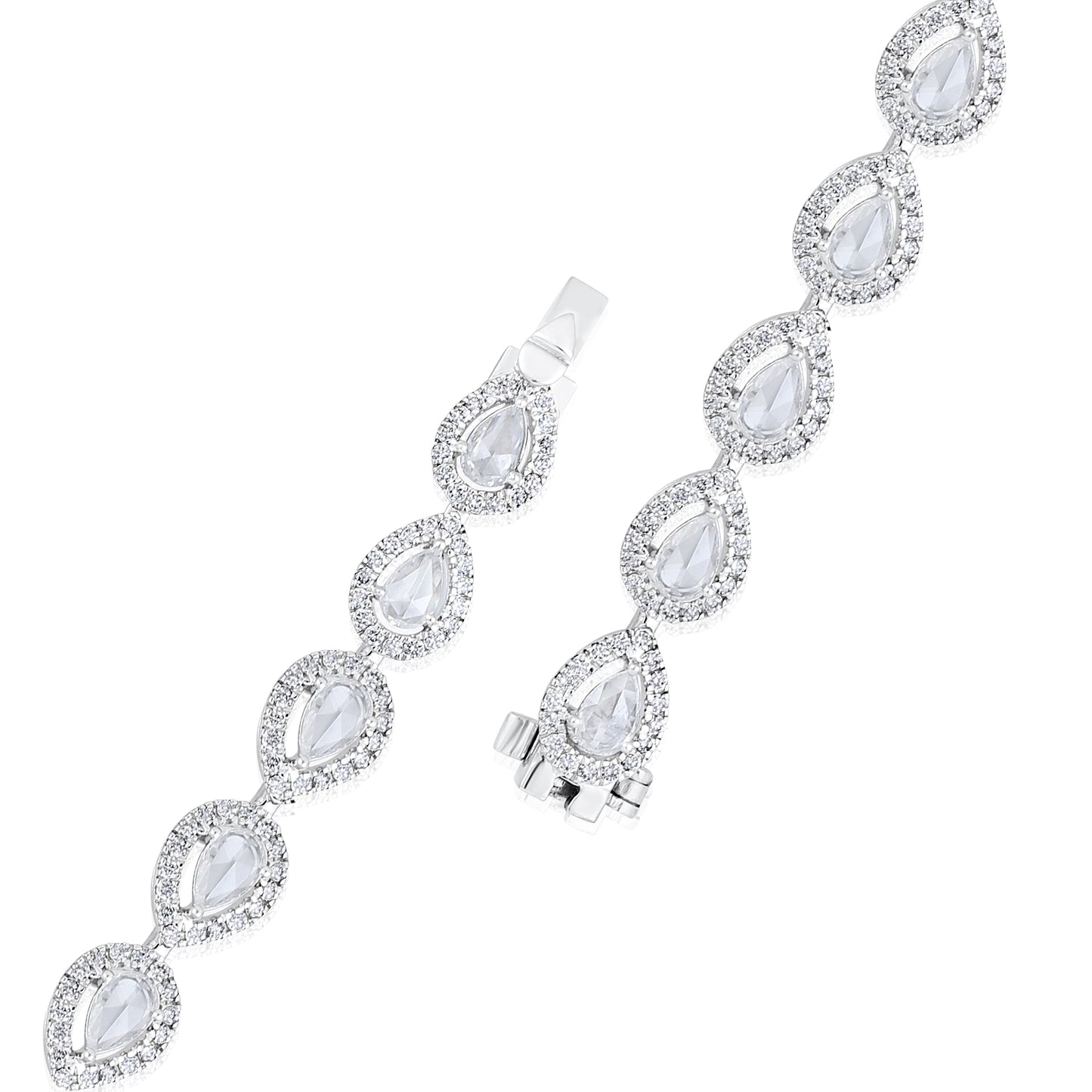 Solid Gold 3.2ct Natural Diamond Rose-Cut Pear Halo Tennis Bracelet