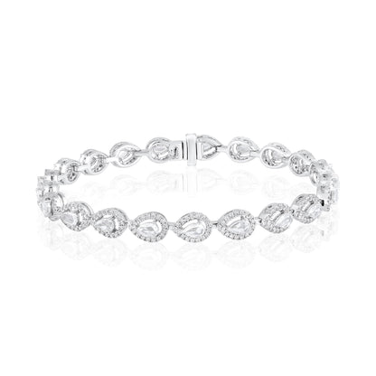Solid Gold 3.2ct Natural Diamond Rose-Cut Pear Halo Tennis Bracelet