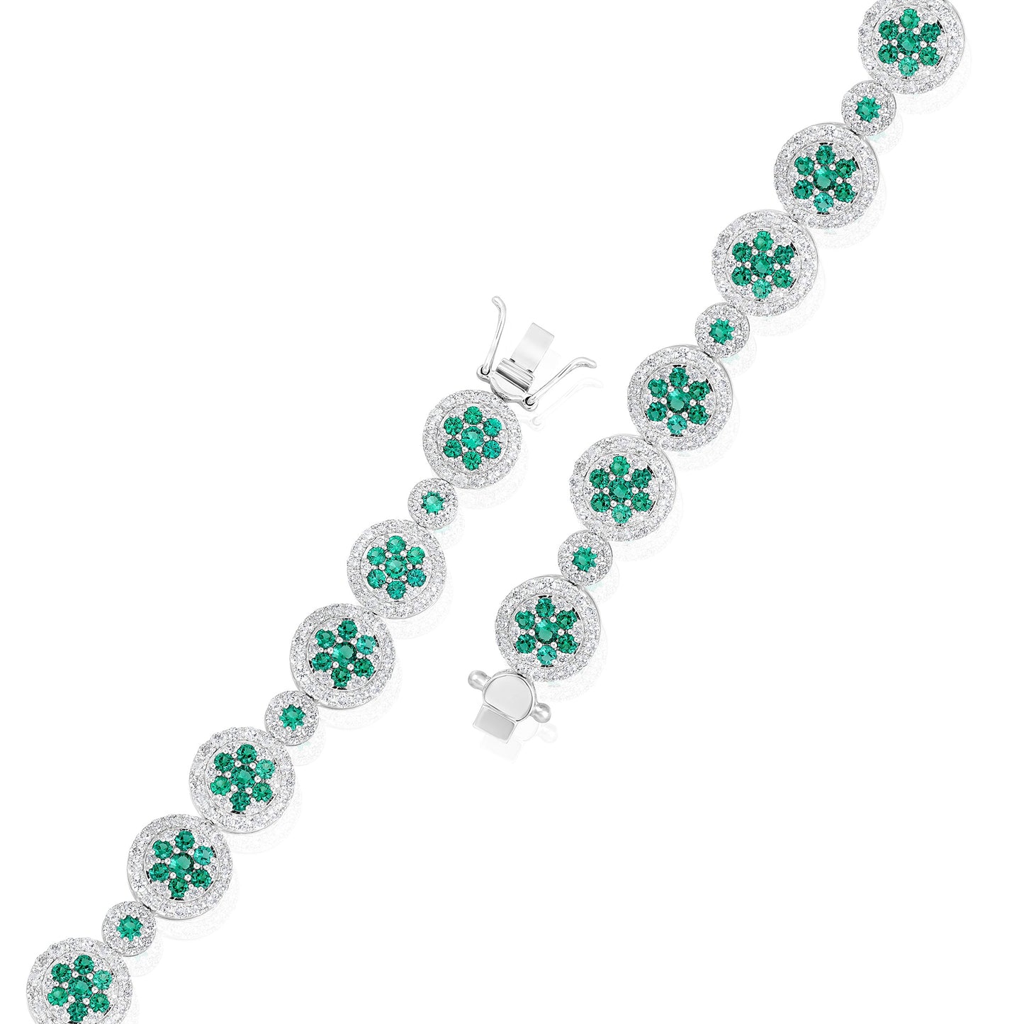 Solid Gold 6.2ct Natural Diamond w/ Emerald Flower Tennis Bracelet