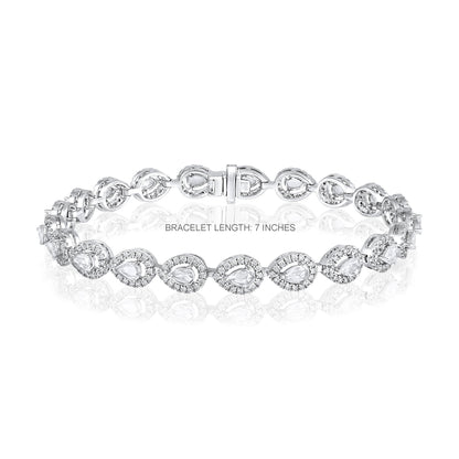 Solid Gold 3.6ct Natural Diamond Rose-Cut Pear Halo Tennis Bracelet