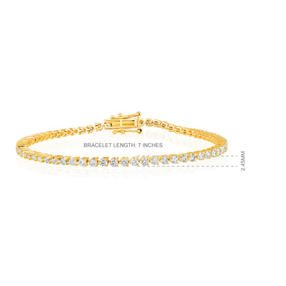 Solid Gold 3ct Natural Diamond 2.45mm 3 Prong Tennis Bracelet