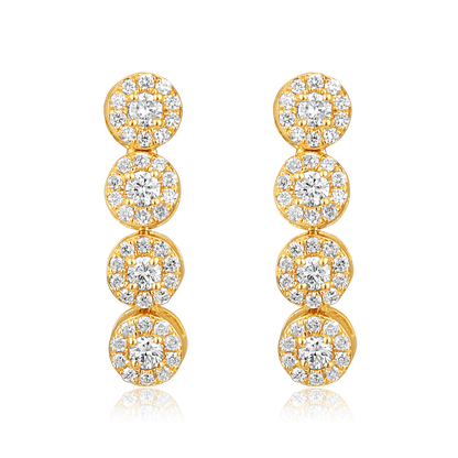 Solid Gold 0.6ct Natural Diamond Halo Round Drop Long Stud Earrings