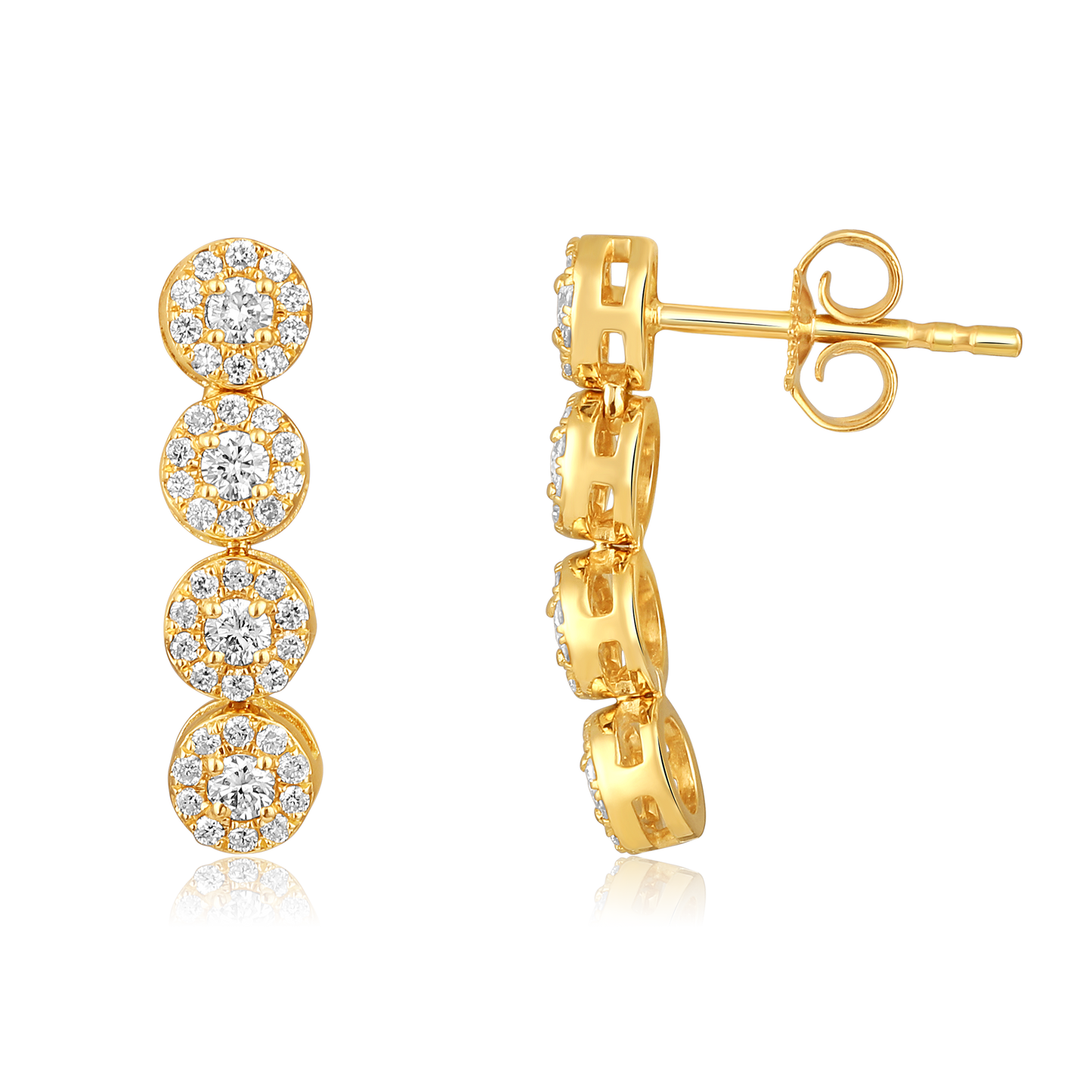 Solid Gold 0.6ct Natural Diamond Halo Round Drop Long Stud Earrings