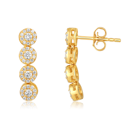 Solid Gold 0.6ct Natural Diamond Halo Round Drop Long Stud Earrings