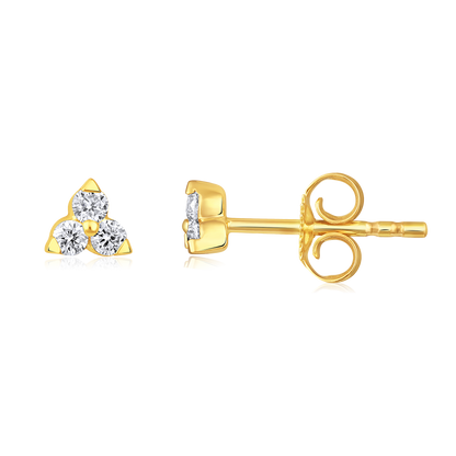 Solid Gold 0.2ct Natural Diamond 3 Stone Trio Stud Earrings