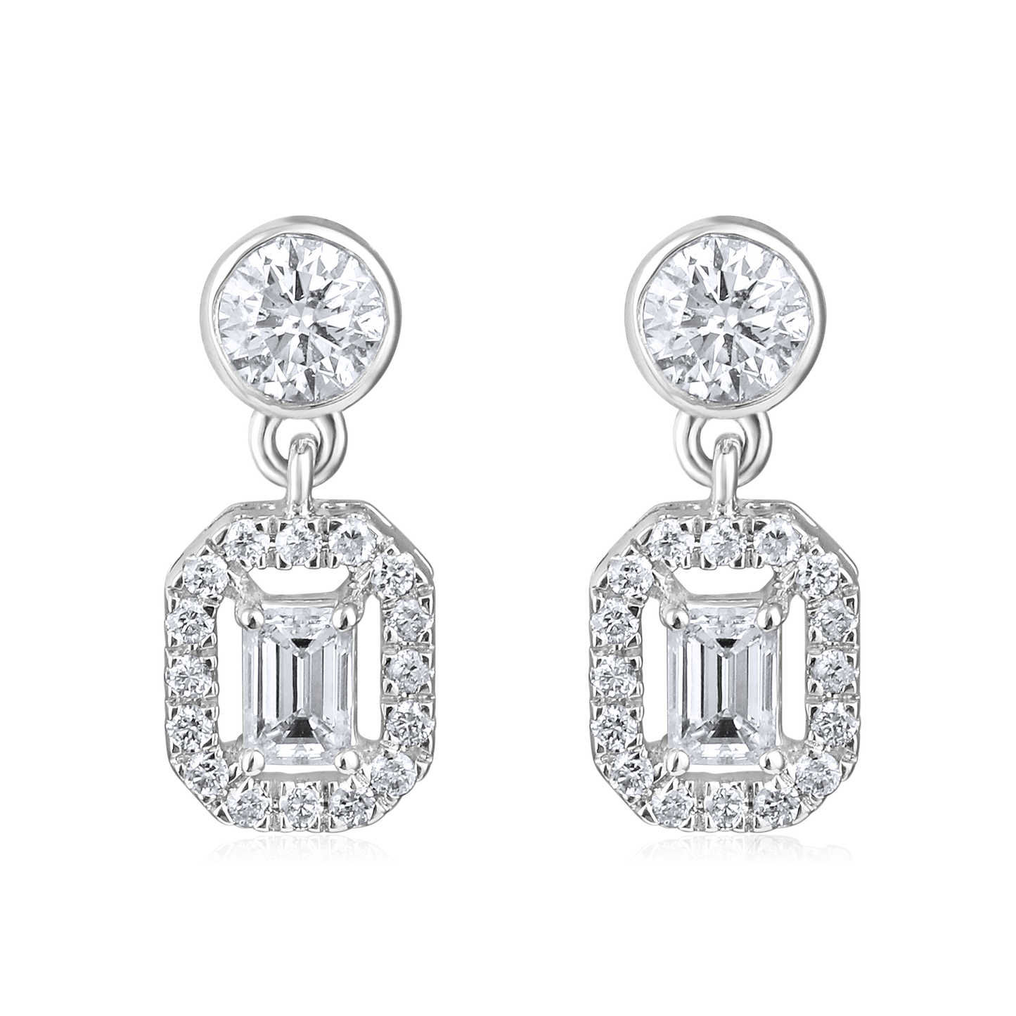 Solid Gold 1ct Natural Diamond Emerald Halo Drop Charm Stud Earrings