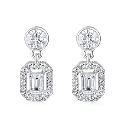 Solid Gold 1ct Natural Diamond Emerald Halo Drop Charm Stud Earrings