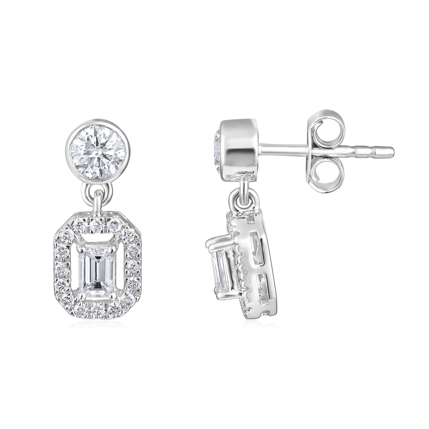 Solid Gold 1ct Natural Diamond Emerald Halo Drop Charm Stud Earrings