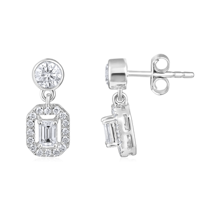 Solid Gold 1ct Natural Diamond Emerald Halo Drop Charm Stud Earrings
