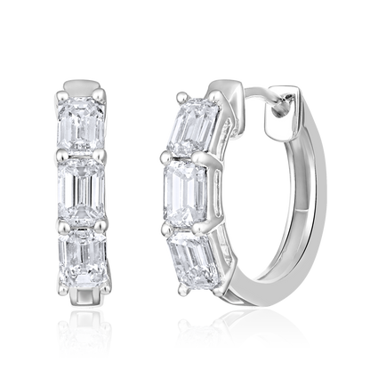 Solid Gold 1.6ct Natural Diamond 3 Emerald Huggie Hoop Earrings