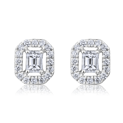 Solid Gold 0.4ct Natural Diamond Emerald Halo Solitaire Stud Earrings