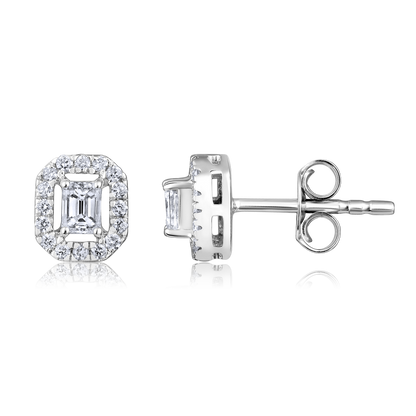 Solid Gold 0.4ct Natural Diamond Emerald Halo Solitaire Stud Earrings
