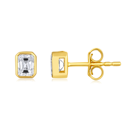 Solid Gold 0.64ct Natural Diamond Emerald Solitaire Bezel Stud Earrings
