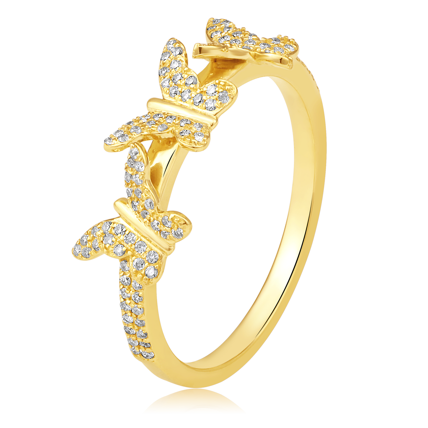 Solid Gold 0.21ct Natural Diamond 3 Butterfly Linked Charm Ring
