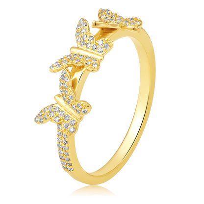 Solid Gold 0.21ct Natural Diamond 3 Butterfly Linked Charm Ring