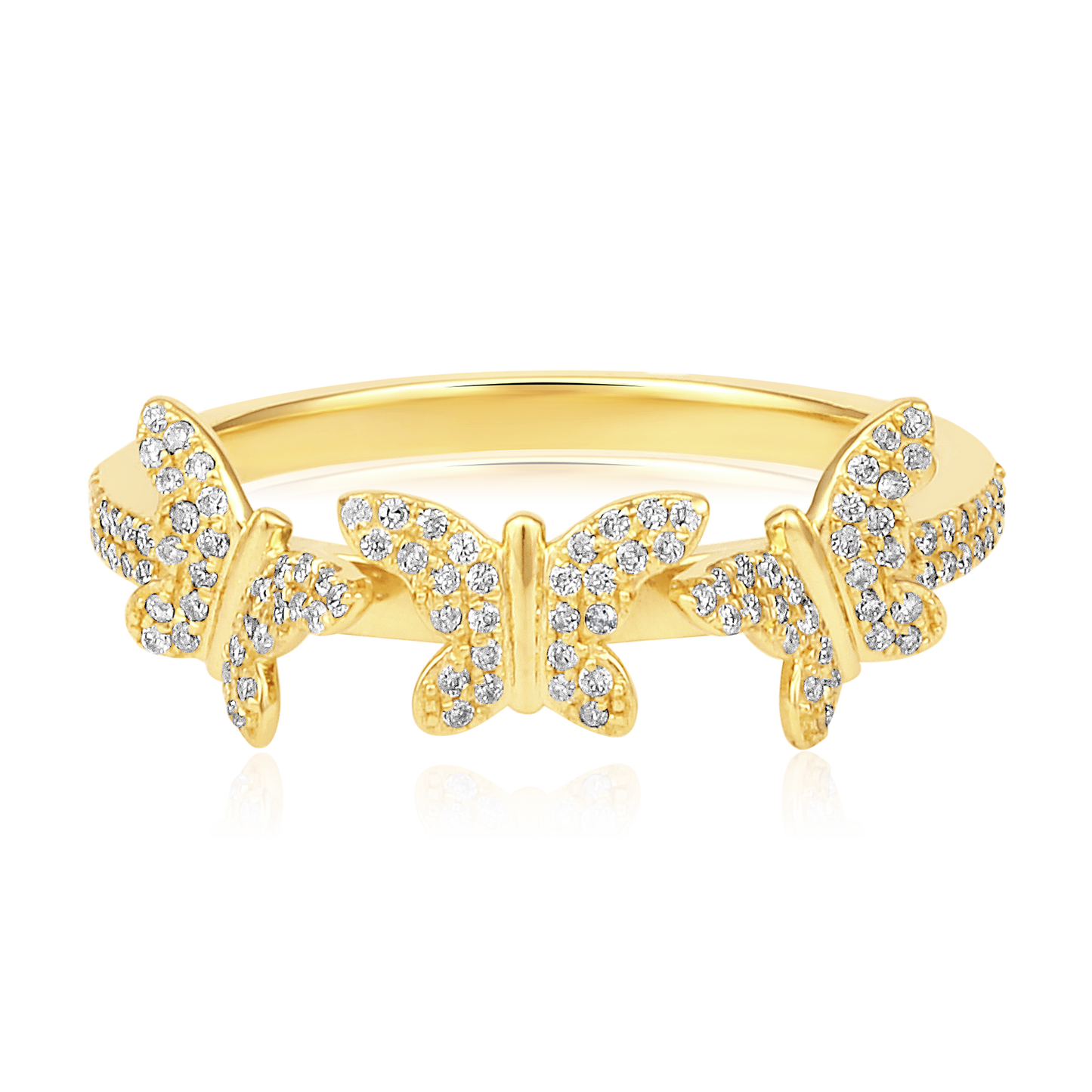 Solid Gold 0.21ct Natural Diamond 3 Butterfly Linked Charm Ring