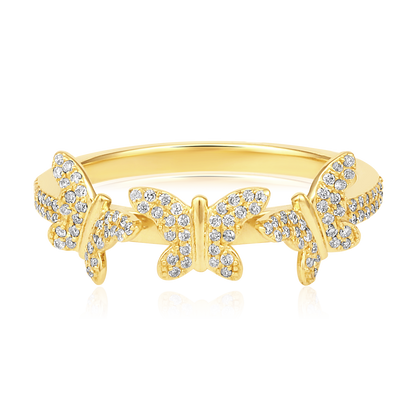 Solid Gold 0.21ct Natural Diamond 3 Butterfly Linked Charm Ring