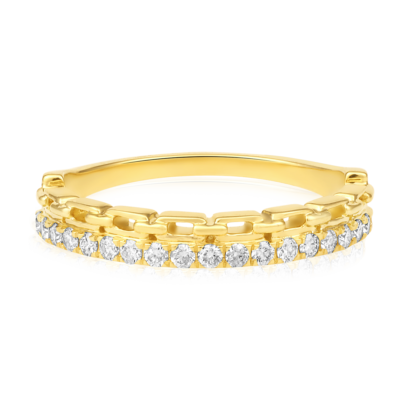 Solid Gold 0.3ct Natural Diamond 2 Row Paperclip Link Chain Ring