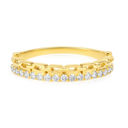 Solid Gold 0.3ct Natural Diamond 2 Row Paperclip Link Chain Ring
