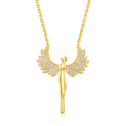 Solid Gold 0.12ct Natural Diamond Wings Goth Angel Fairy Charm Necklace