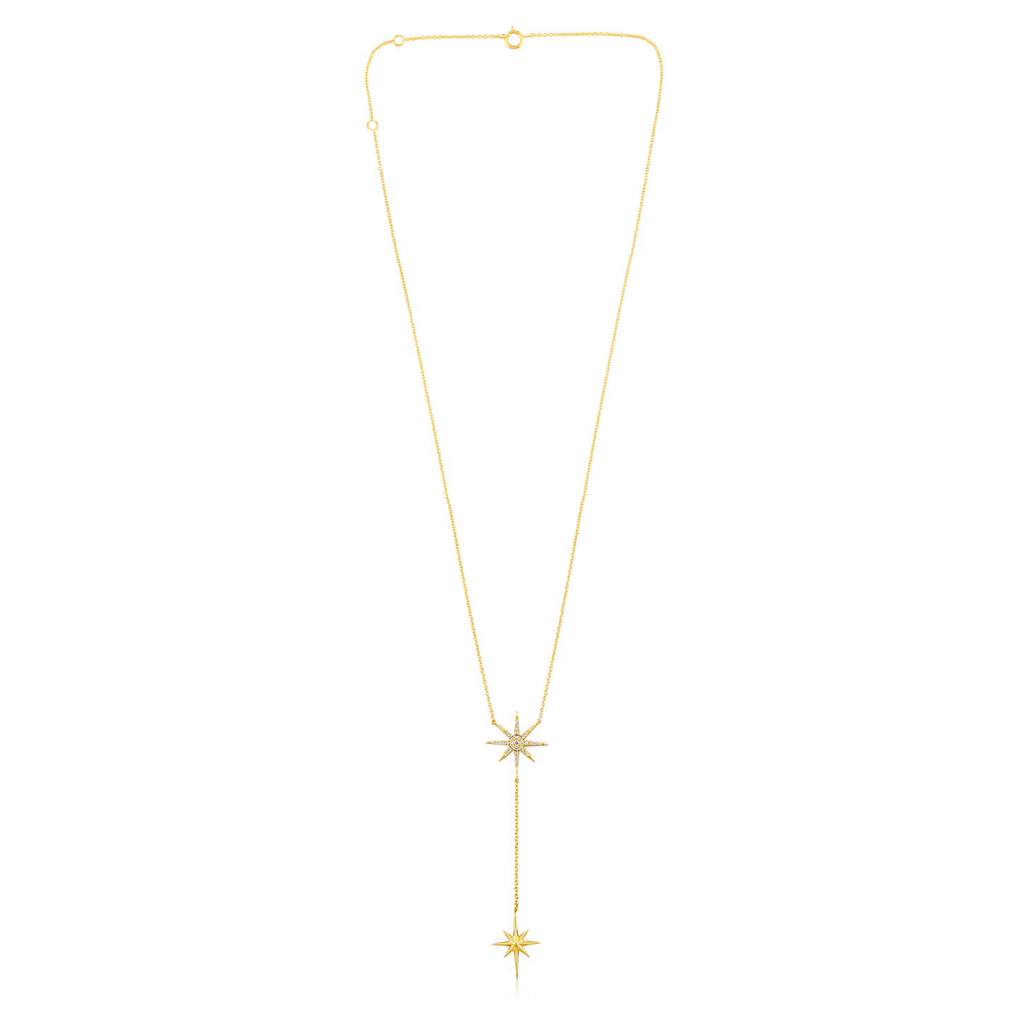 Solid Gold 0.1ct Natural Diamond 2 Star Burst Dangle Drop Y Necklace