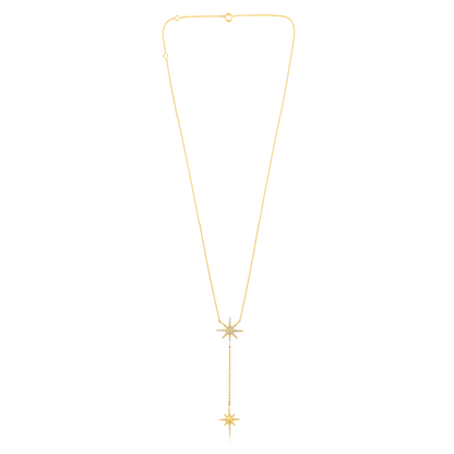 Solid Gold 0.1ct Natural Diamond 2 Star Burst Dangle Drop Y Necklace