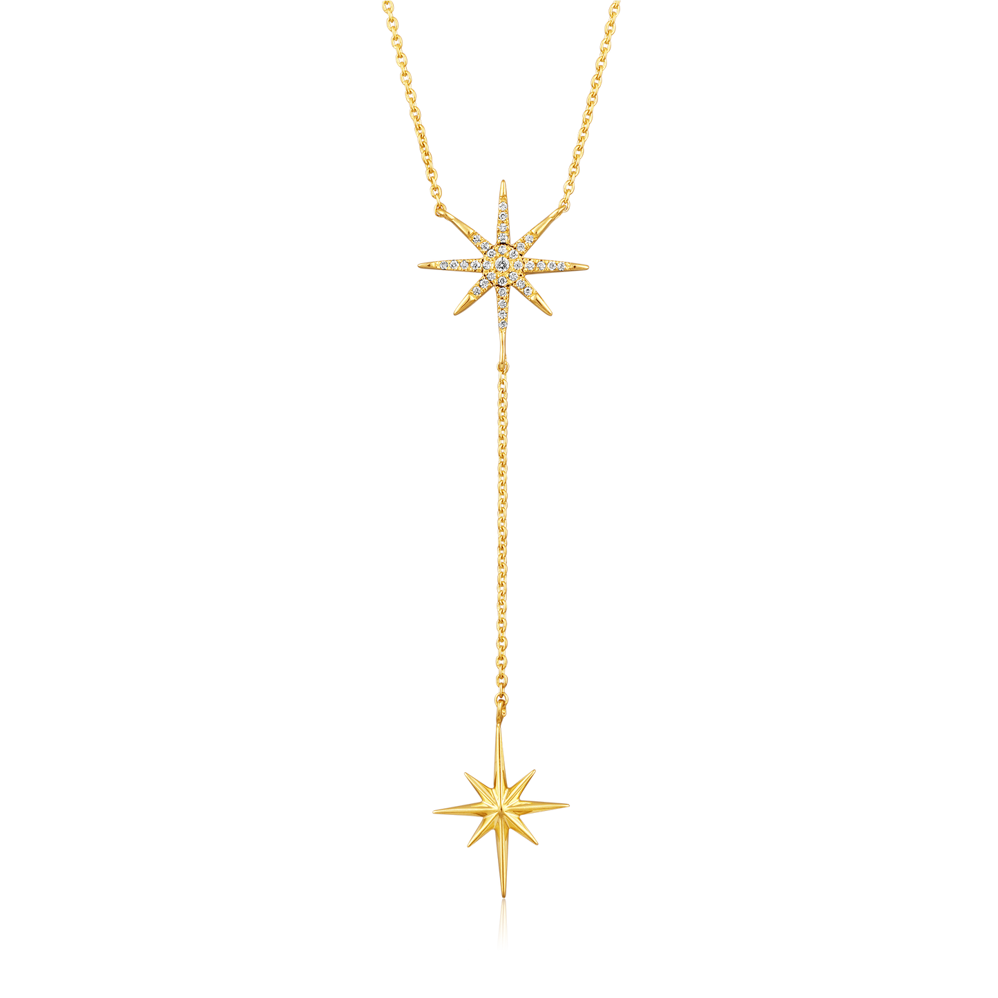 Solid Gold 0.1ct Natural Diamond 2 Star Burst Dangle Drop Y Necklace