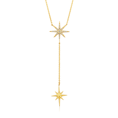 Solid Gold 0.1ct Natural Diamond 2 Star Burst Dangle Drop Y Necklace