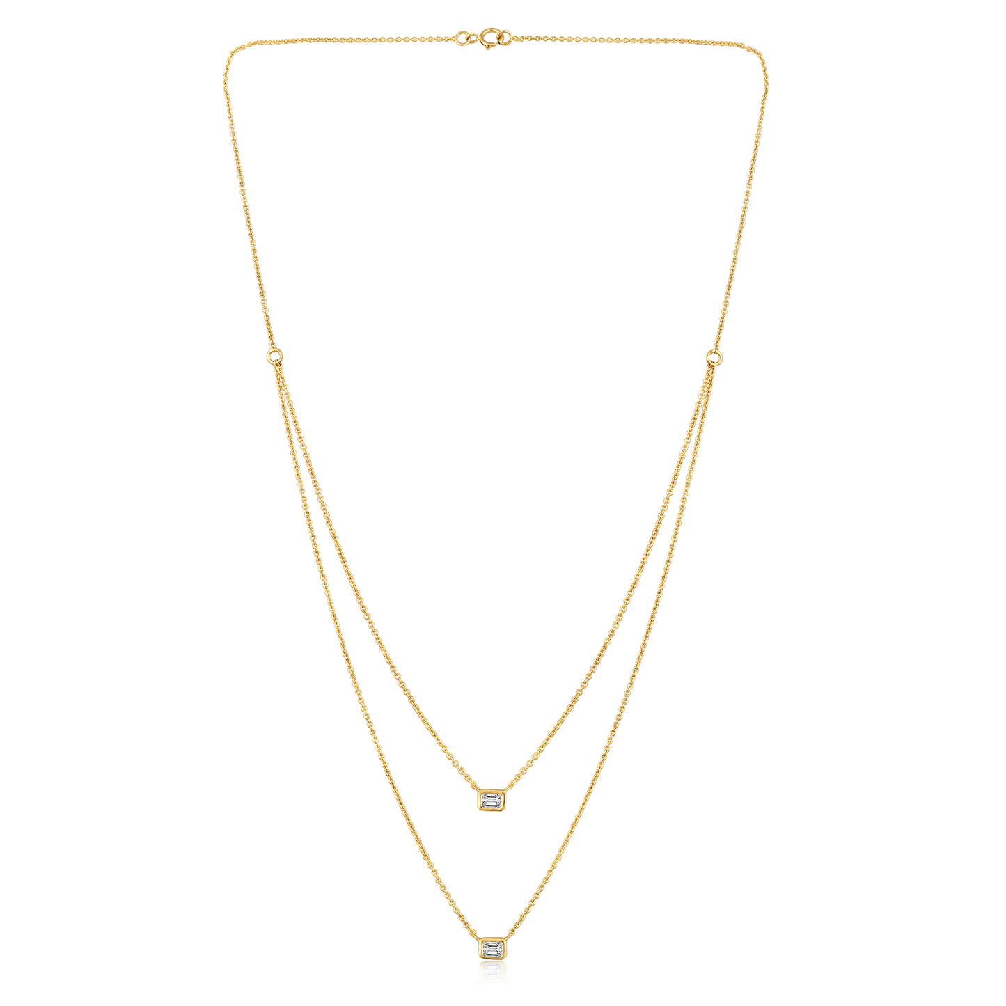 Solid Gold 0.4ct Natural Diamond Emerald Bezel 2 Layered Necklace