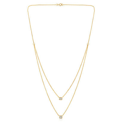 Solid Gold 0.4ct Natural Diamond Emerald Bezel 2 Layered Necklace