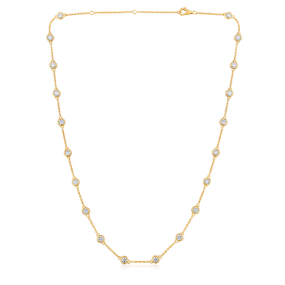 Solid Gold 3ct Natural Diamond By Yard Bezel Station Chain Necklace