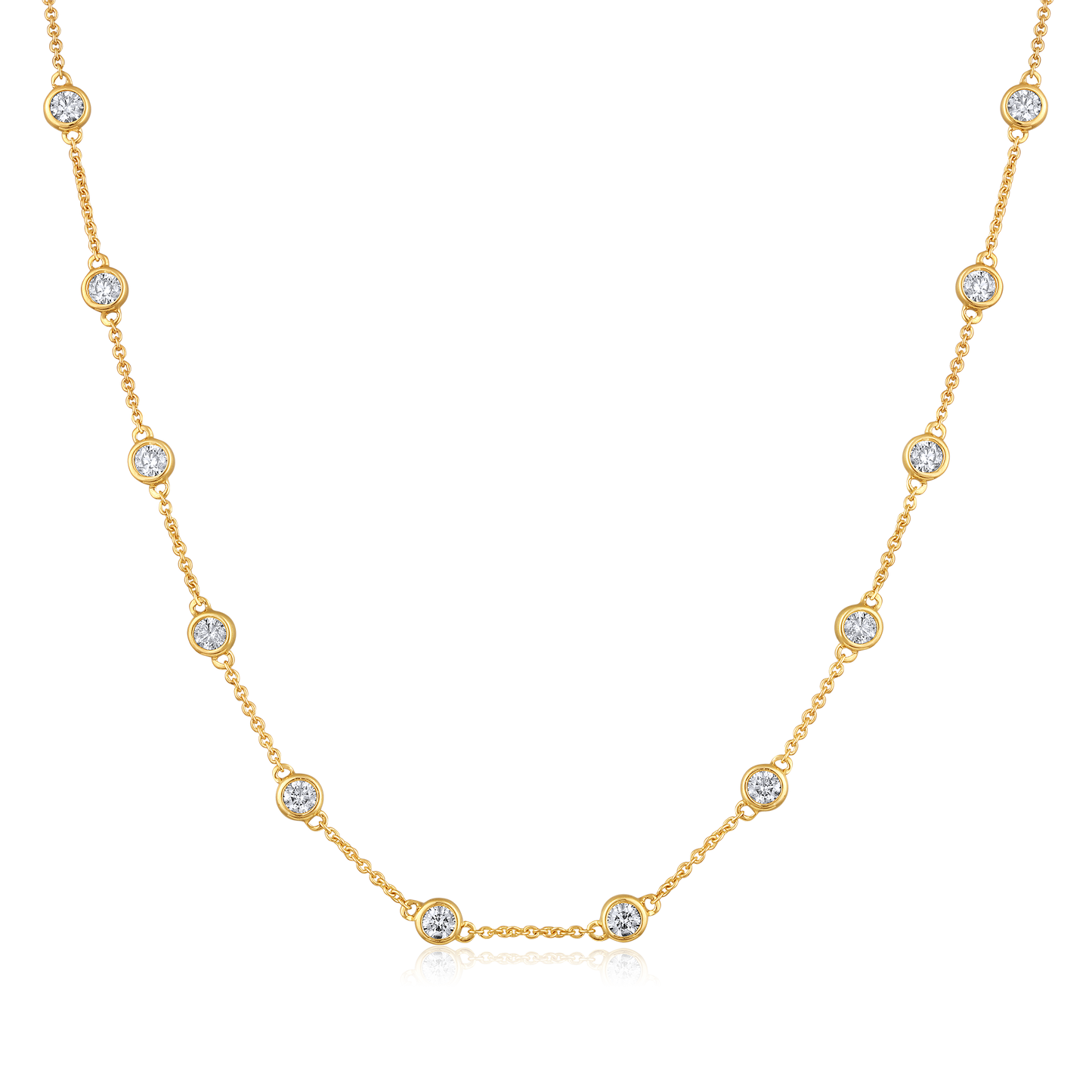 Solid Gold 3ct Natural Diamond By Yard Bezel Station Chain Necklace