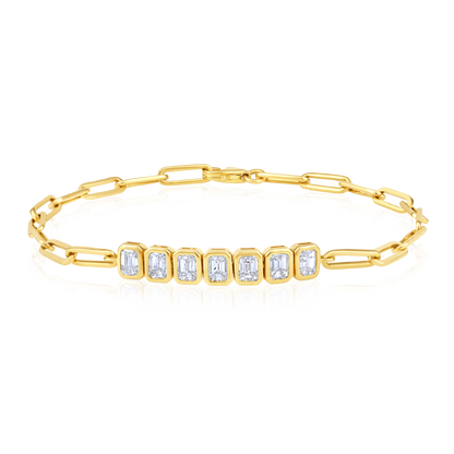 Solid Gold 2.24ct Natural Diamond Emerald Bar Paperclip Chain Bracelet