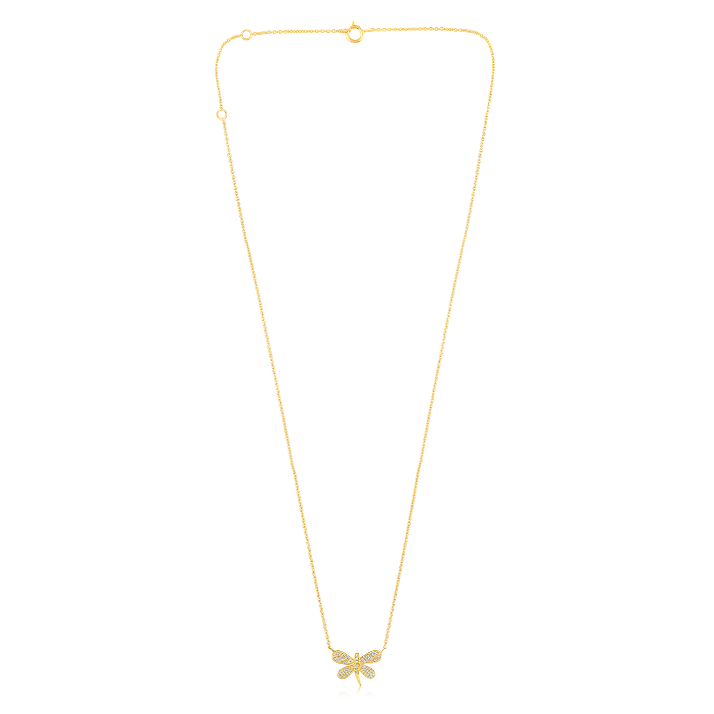 Solid Gold 0.14ct Natural Diamond Dragonfly Charm Pendant Necklace