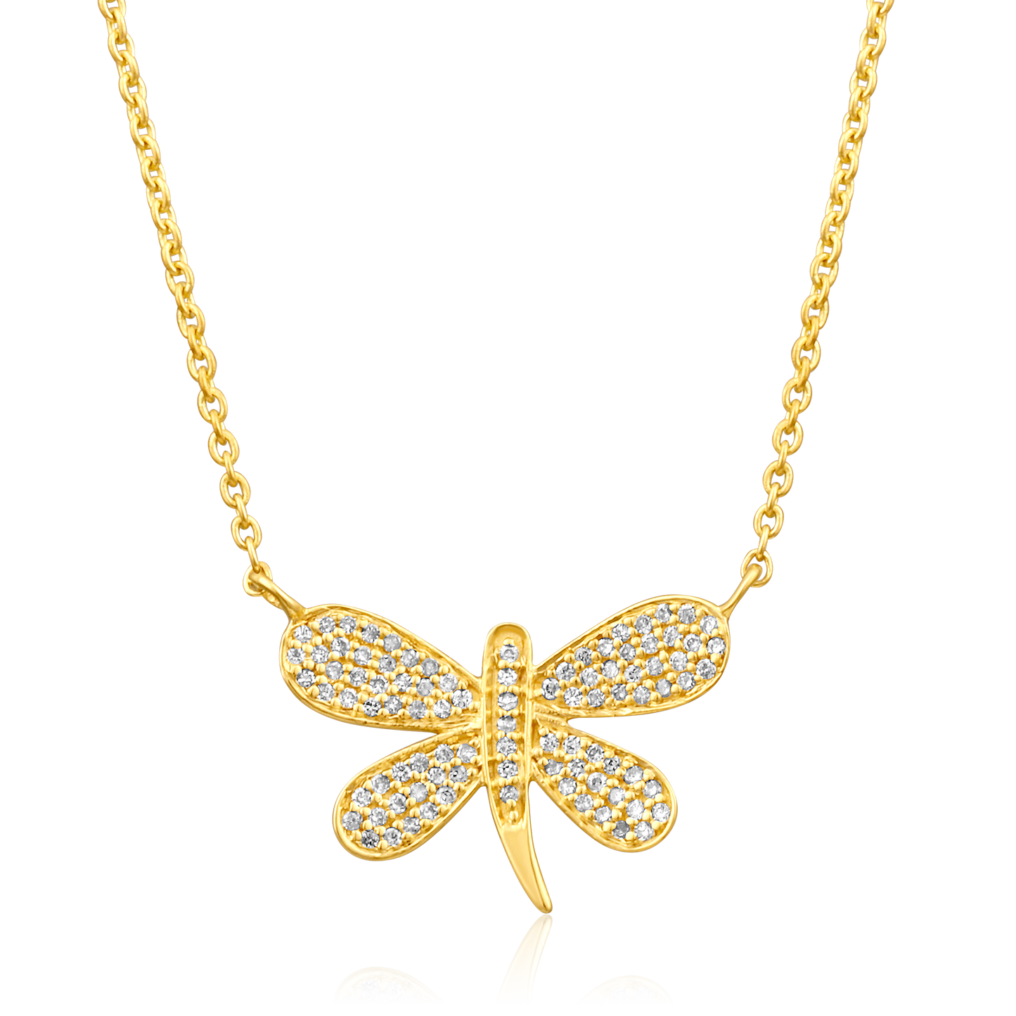 Solid Gold 0.14ct Natural Diamond Dragonfly Charm Pendant Necklace