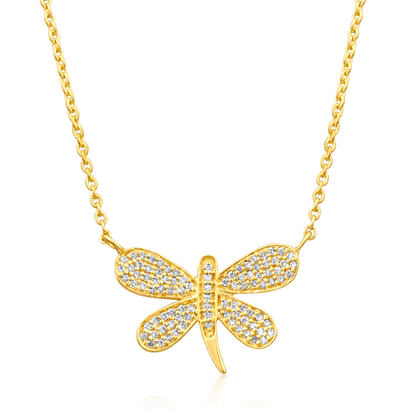 Solid Gold 0.14ct Natural Diamond Dragonfly Charm Pendant Necklace
