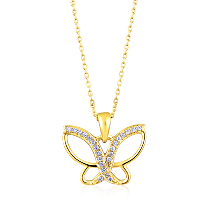 Solid Gold 0.11ct Natural Diamond Butterfly CutOut Halo Charm Necklace