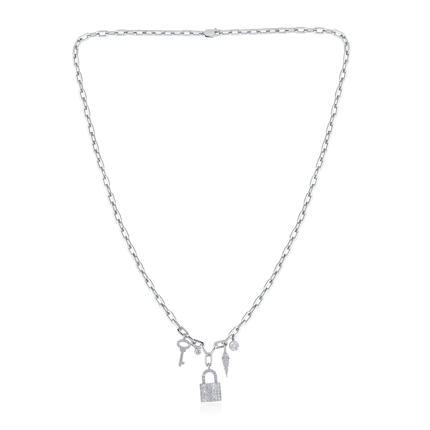 Solid Gold 0.7ct Natural Diamond Kite Key Lock Ball Charm Necklace