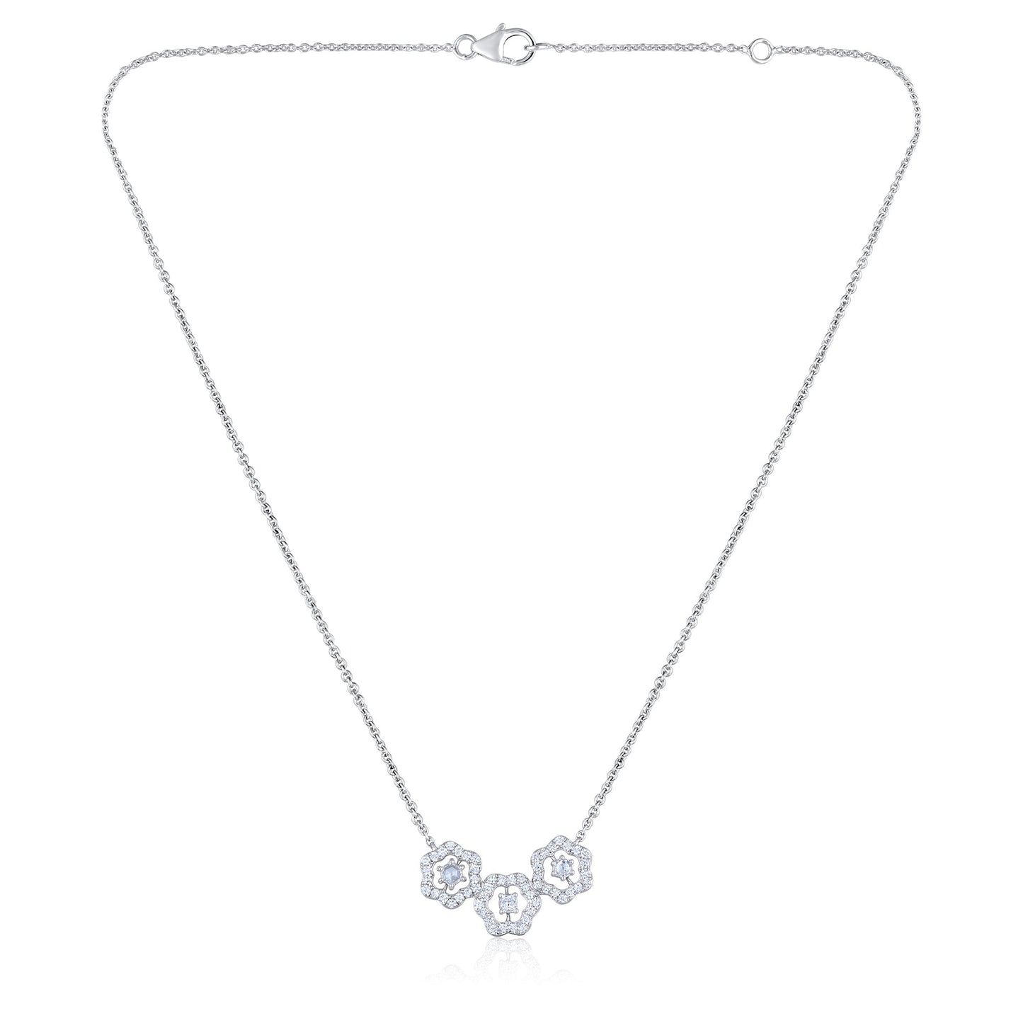 Solid Gold 0.6ct Natural Diamond Rose-Cut Cushion 3 Flower Necklace