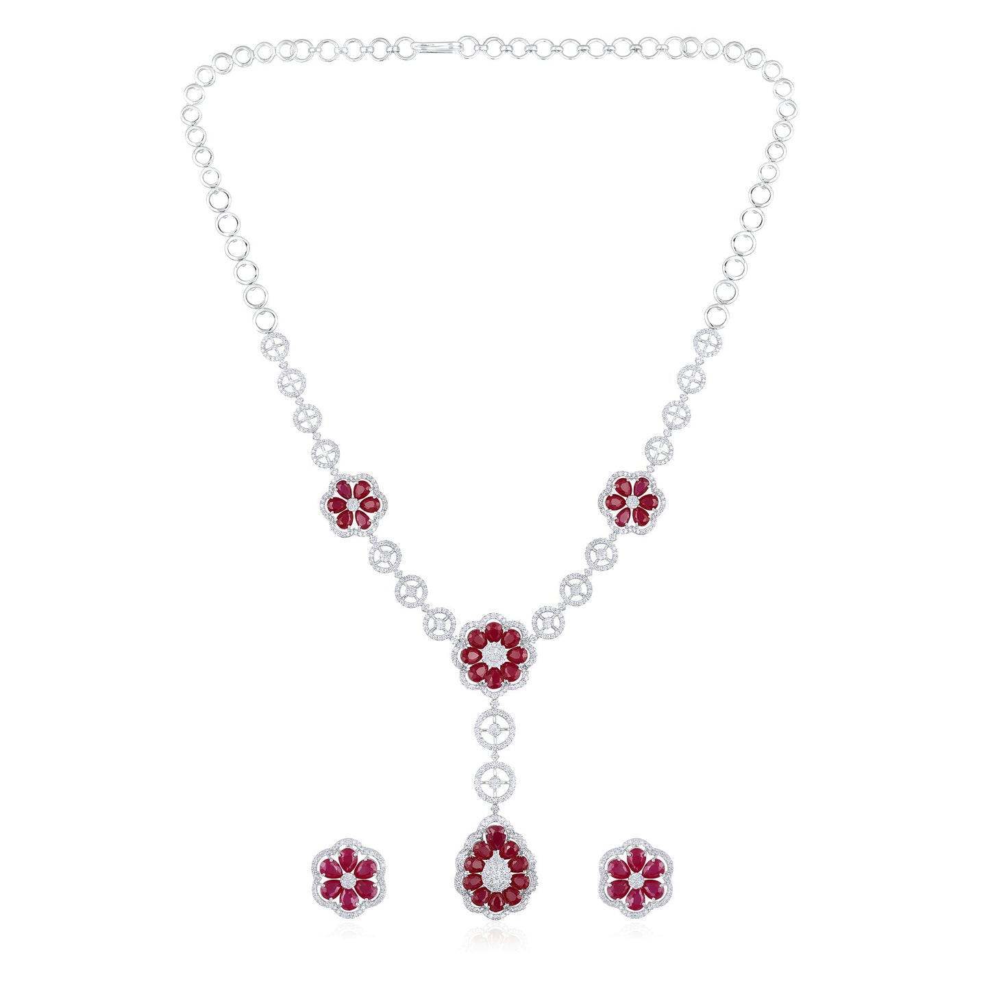 Solid Gold 23.5ct Natural Diamond w/ Ruby Flower Necklace Set