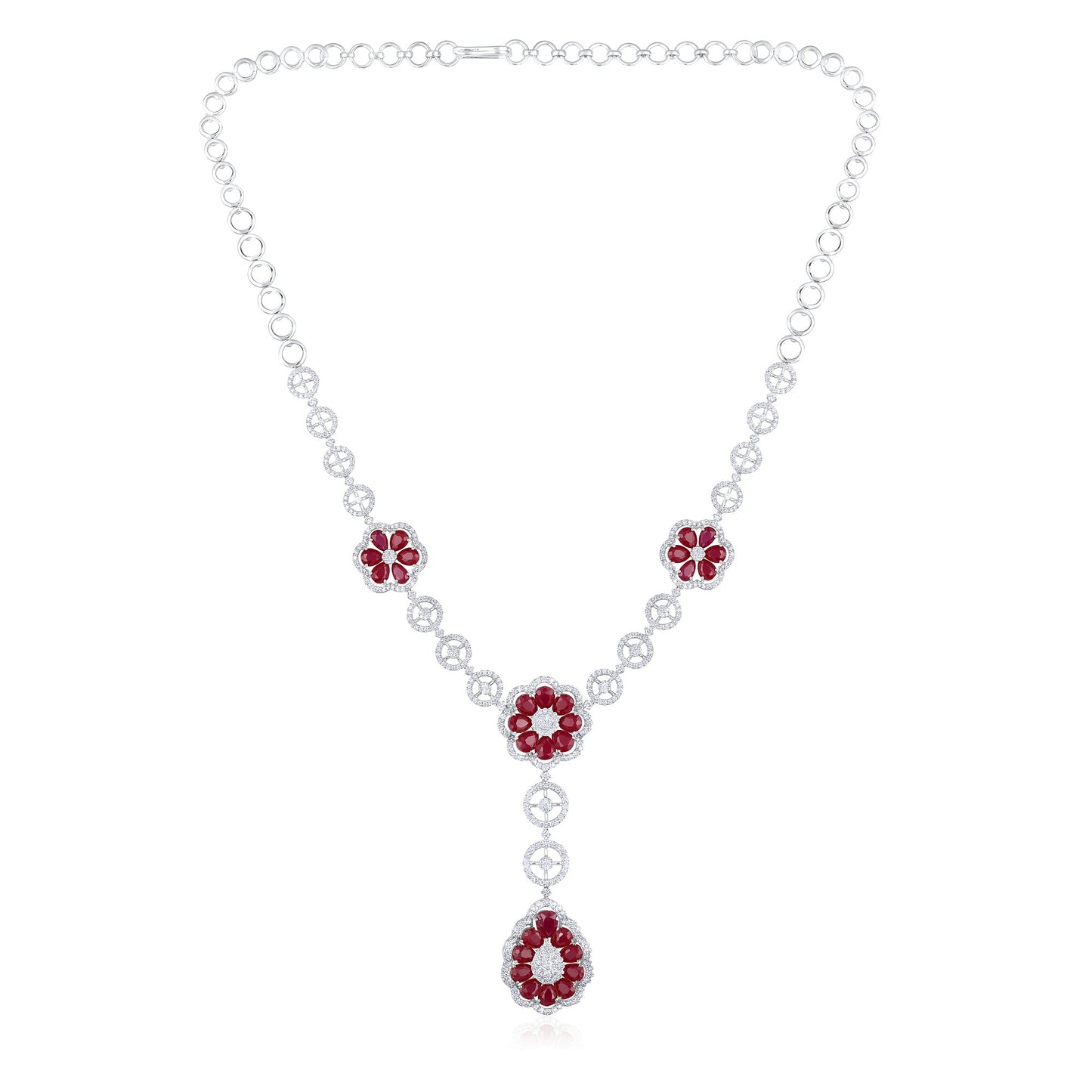 Solid Gold 23.5ct Natural Diamond w/ Ruby Flower Necklace Set